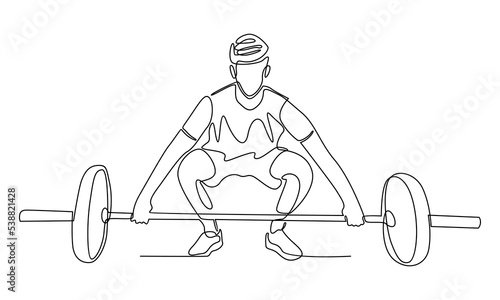 continuous line drawing of young strong weightlifter man preparing for barbell workout