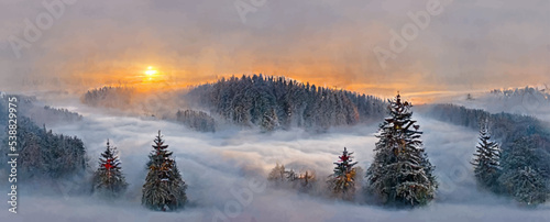 foggy winter sunrise in carpathian mountains with snow