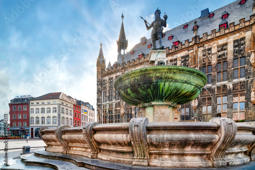 The Karlsbrunnen, also market fountain, is located on the market in Aachen directly in front of the Aachen town hall.