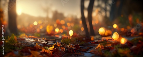 Autumn background Yellow red orange leaves and trees during autumn season with warm sunlight Beautiful nature scene 3d render