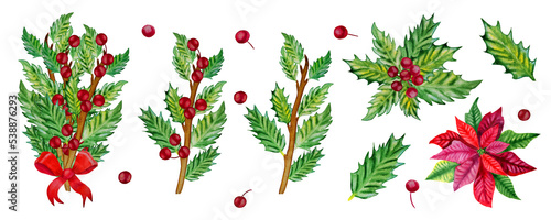 Holly twigs and red poinsettia watercolor clipart set. Hand drawn elements for Christmas invitation and greeting cards. New Year's green plants and red berries.