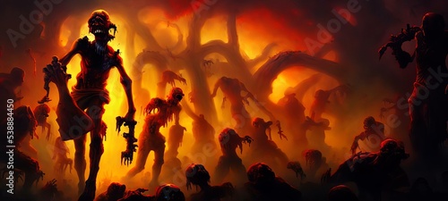 Scary Halloween Zombies Walking Through A Dark Forest, Beautiful Horde Of Zombies Illustration Background Wallpaper. Book Cover Or Game Digital Concept Art Illustration.