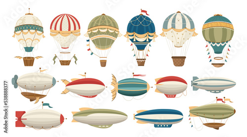 Dirigible and hot air balloons. Realistic retro aviation objects, zeppelins, airships, sky transport