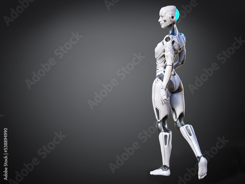 3D rendering of a female android with greyish background.