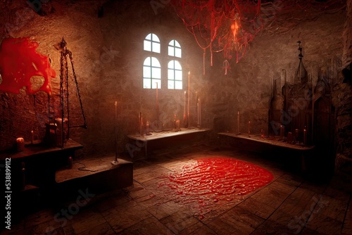 indoor of a terrifying Transylvanian vampire dungeon's torture chamber as candlesticks illuminate the chained tools of torture. 3D illustration and Halloween theme and horror background.