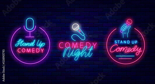 Stand up comedy neon signboards collection. Comic night show. Light signs pack. Vector stock illustration