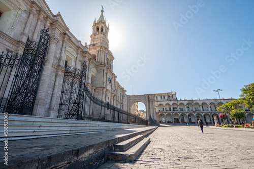 views of famous arequipa cathedral in plaza de armas, peru