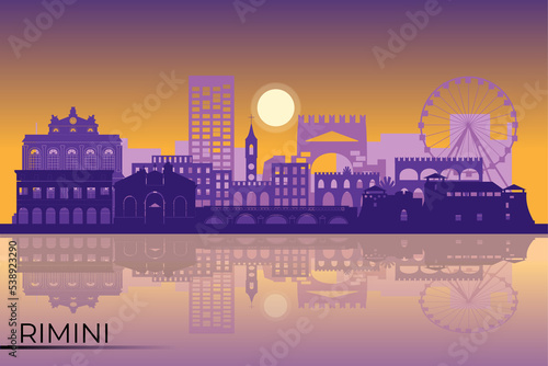 Italy, Rimini outline city skyline, linear illustration, banner, travel landmark, buildings silhouette.