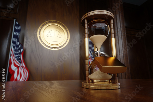 lock hangs on the Classic Hourglass. Prison concept, life sentence, time stolen. 3D illustration, 3D rendering.