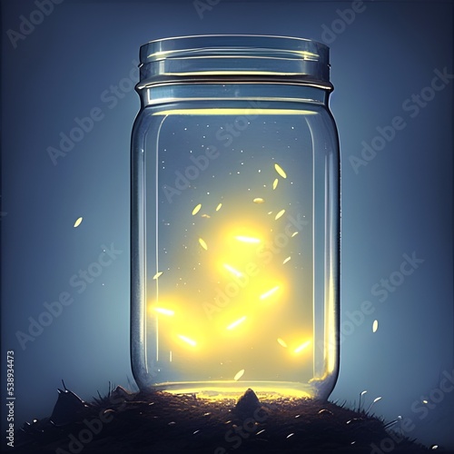 3D illustration featuring a glowing glass jar of fireflies at night in the summertime.