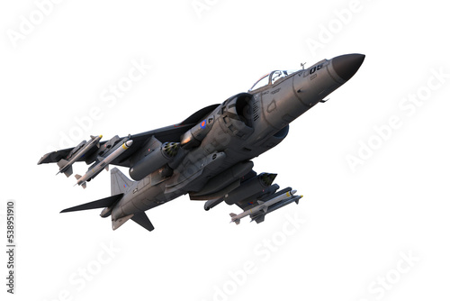 3D illustration of a grey military jet fighter aircraft armed with missiles in flight isolated on a transparent background.