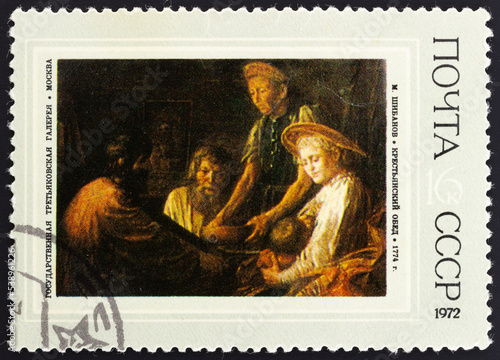 Postage stamp 'Peasant lunch, M. Shibanov, 1774' printed in USSR. Series: 'Russian painting of the 18th - early 19th centuries.' design by N. Cherkasov, 1972