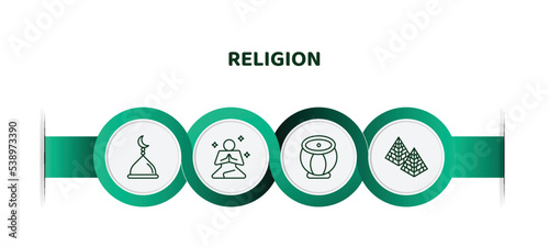 editable thin line icons with infographic template. infographic for religion concept. included mosque domes, meditation, tablas, captives to egypt icons.