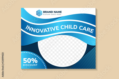 Modern child care flyer, babysitter banner, day care brochure template design suitable for cover or poster. horizontal layout with space for photo and text. multicolored blue gradient elements