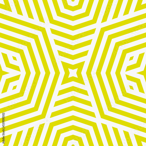Geometric line vector seamless pattern. Abstract minimal striped ornament. Lime green color texture with lines, stripes, stars shapes, octagons, repeat tiles. Simple background. Trendy geo design