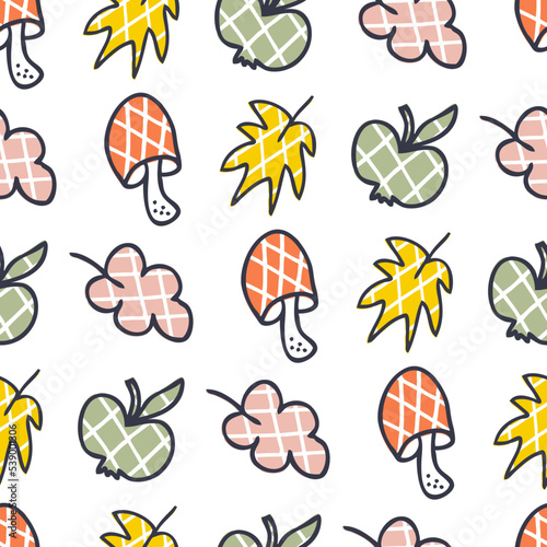 Checkered mushrooms, apples and leaves seamless pattern. Autumn print for tee, paper, fabric, textile. Hand drawn vector illustration for decor and design.