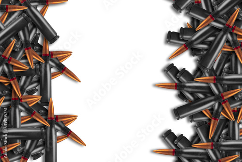 Bullets on white banner background. Cartridges for machine guns.