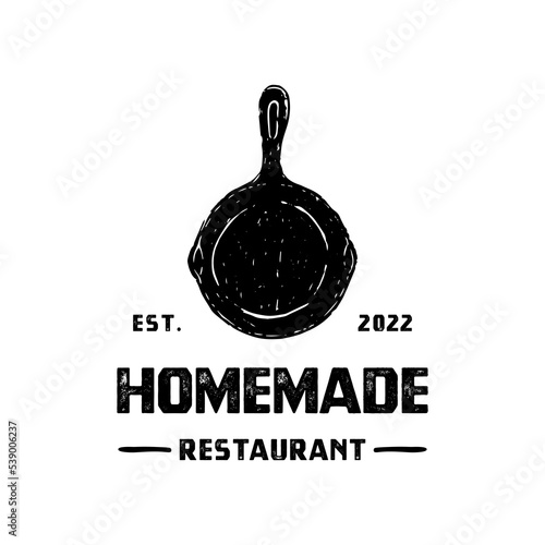 Vintage Retro Hand Drawn Old Skillet Frying Pan For Restaurant Logo Design