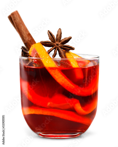 Mulled wine in glass isolated on white background