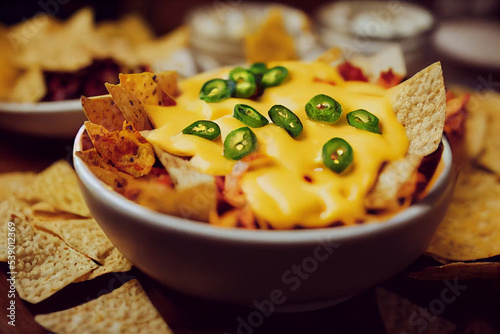 Bowl of cheddar cheese sauce with nachos, tortilla and jalapeno slices. Movie night snack. 3d illustration.