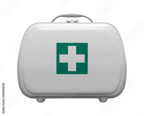 First aid kit with green cross logo on transparent background, frontal view