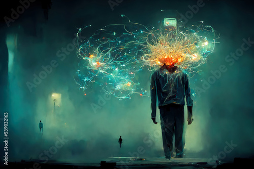 Metaphorical depiction of a man addicted to social networks. Science fiction. AI created a digital art illustration