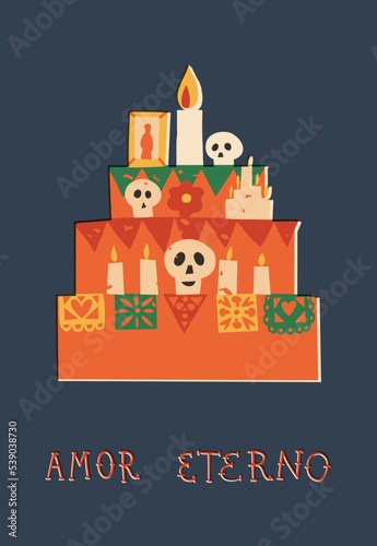 Dia De Los Muertos A5 card. Amor eterno or Eternal Love Spanish lettering, memory shrine, sugar skulls, candles, photo. 