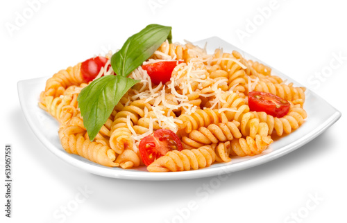 A baked dish of fusilli or pasta spirals, with cherry tomatoes, ricotta and parmesan