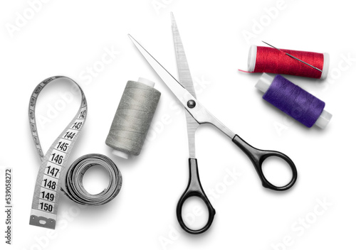 Thread scissors textile spools sewing kit tape measure measuring tape