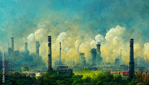 The City Air Landscape Pollution by Industrial Activity with Smog in the Air and Nature. Environmental and Industrial Issue that Polluted the Planet Earth.