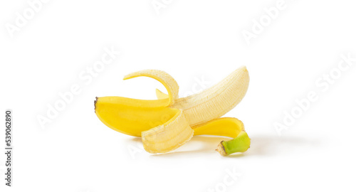 A peeled banana on white background. 白背景上の剥かれたバナナ