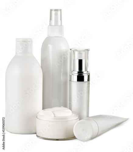 Set of cosmetic products in white containers isolated