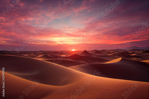 Panorama banner of Captivating Sahara Desert panorama at sunset, showcasing undulating sand dunes bathed in golden hues, perfect for travel, nature, and adventure theme 