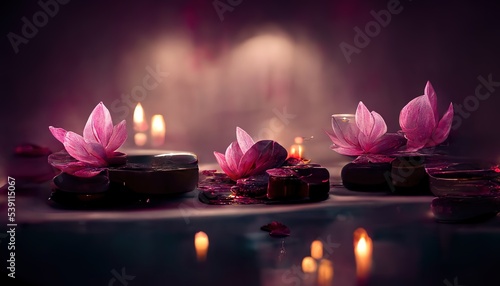 Abstract interior spa background with candles, rose, petals and lotuses. Ai generated.