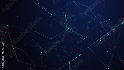 The concept of a network connection with a glitch effect. Technological blue background with lines and dots. Big data. 3d rendering