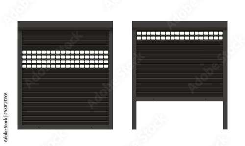 Black closed and ajar perforated roller garage shutter door with realistic texture mockup. Metal protect system for shops and stores. Vector steel gate of house or warehouse. Roller up blinds.