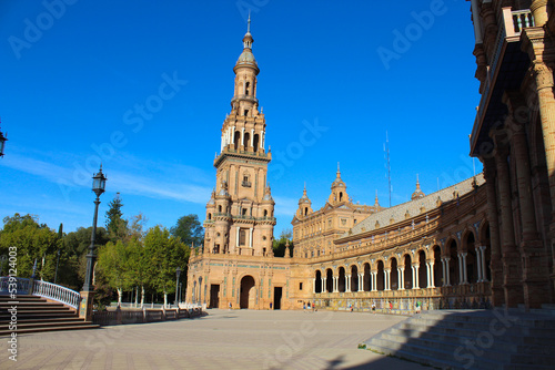 Seville, Spain, September 11, 2021: The Spanish Steps in Seville or 'Plaza de España', where the main building of the Ibero-American Exhibition of 1929 was built. The North Tower.