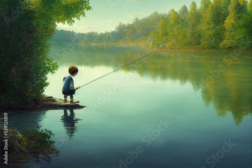 a little, young boy with a fishing rod at the lake