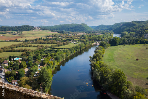 the river Dordogne with the hilly landscape in France seen from the castle beynac