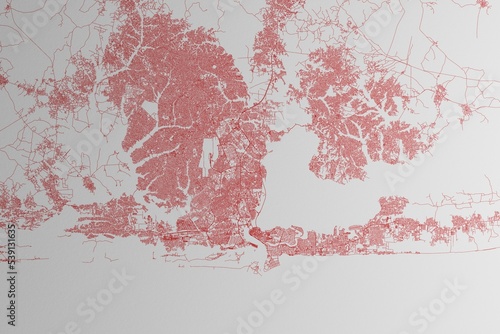 Map of the streets of Lagos (Nigeria) made with red lines on white paper. 3d render, illustration
