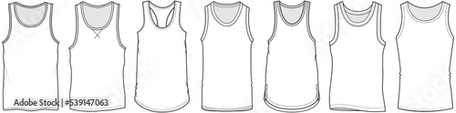 mens sleeveless underwear vests, inner wear tank tops, undershirts fashion flat sketch vector illustration technical drawing template, cad mockup.