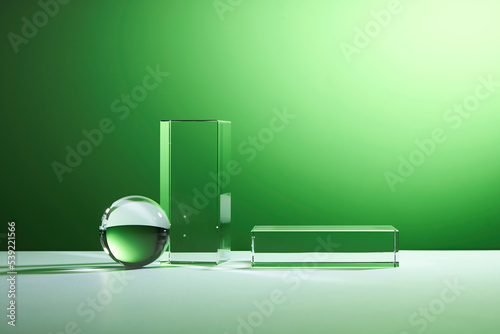 Glass sphere, transparent pedestals on the green gradient background. Minimal scene with podium for products.