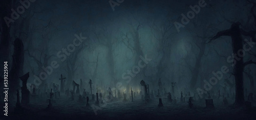 Digital Illustration Of An Old Creepy Graveyard On Stormy Winter Day At Dark Misty Night Background Concept.