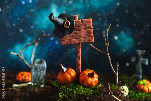 Stylized wooden signpost, cemetery and pumpkins against the background of the starry sky.
