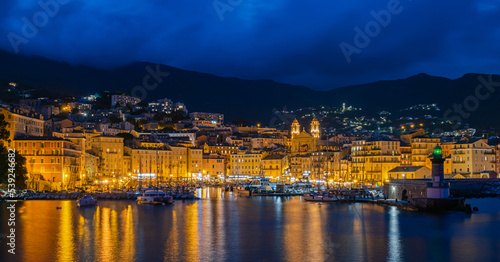 Old town and port of Bastia on Corsica at night