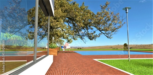 Walkway paved with red clinker tiles next to the glass wall of a stylish private residence. Large swimming pool and green meadow. A gray-haired woman plays a pink piano in the distance. 3d rendering.