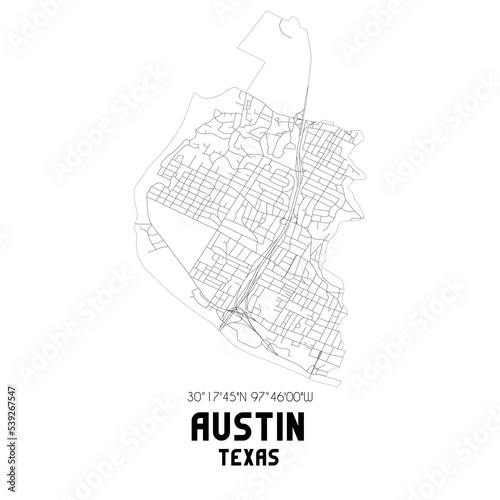 Austin Texas. US street map with black and white lines.