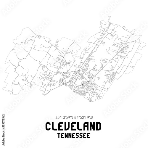 Cleveland Tennessee. US street map with black and white lines.