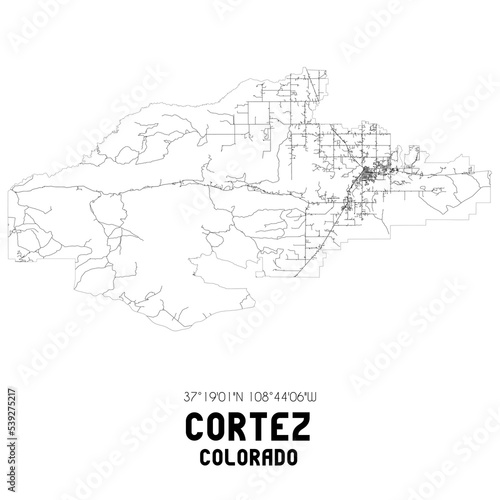 Cortez Colorado. US street map with black and white lines.
