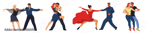 Set of couples dancing different latin dances. Men and women move to music and perform bachata, tango, salsa or rumba in beautiful costumes. Cartoon flat vector collection isolated on white background